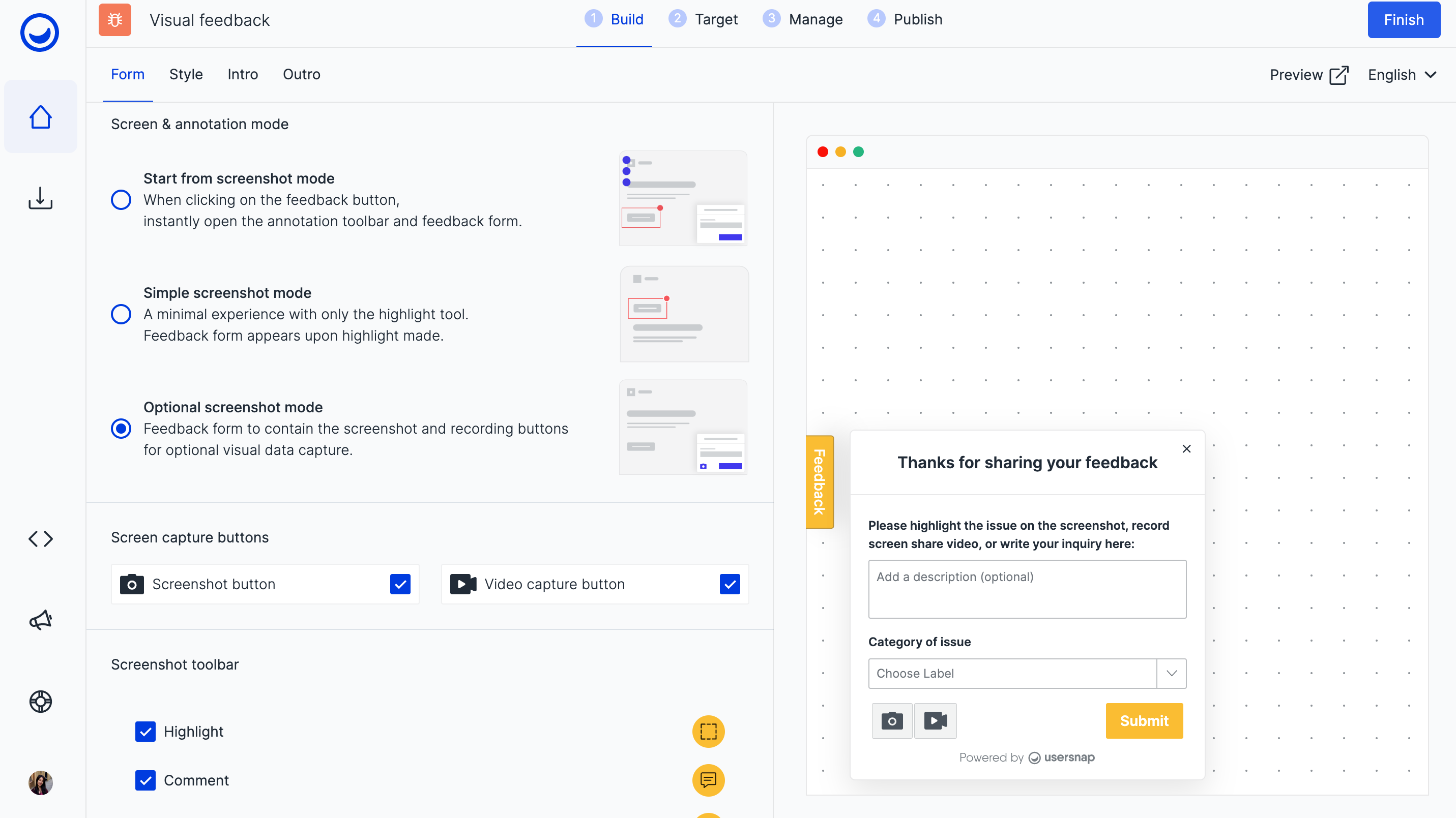 Screen capture tools on the feedback form